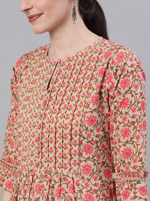 Women Beige Three-Quarter Sleeves Flared Kurta and Palazzo Set