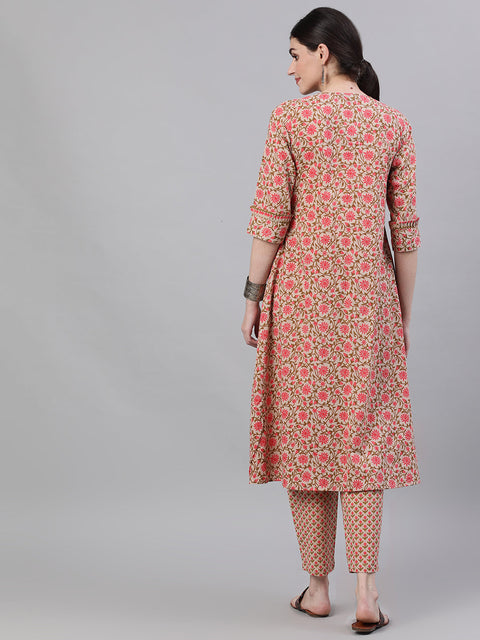 Women Beige Three-Quarter Sleeves Flared Kurta and Palazzo Set