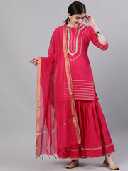 Women Pink Three-Quarter Sleeves Straight Kurta Sharara Set With Dupatta