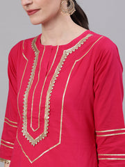 Women Pink Three-Quarter Sleeves Straight Kurta Sharara Set With Dupatta