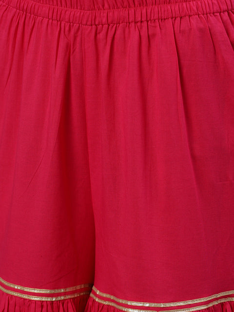 Women Pink Three-Quarter Sleeves Straight Kurta Sharara Set With Dupatta