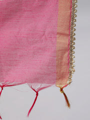 Women Pink Three-Quarter Sleeves Straight Kurta Sharara Set With Dupatta