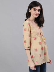 Women Beige Three-Quarter Sleeves Tie-Ups Top