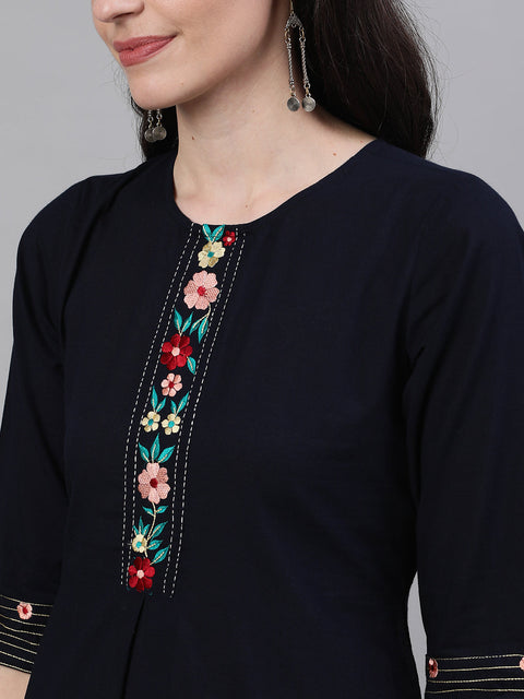 Women Navy Blue Calf Length Three-Quarter Sleeves A-Line Solid Embroidered Cotton Kurta