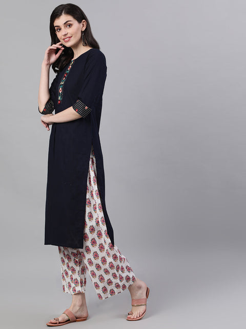 Women Navy Blue Calf Length Three-Quarter Sleeves A-Line Solid Embroidered Cotton Kurta