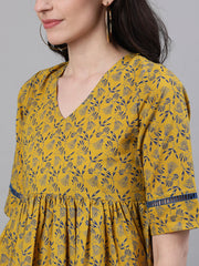 Women Yellow Three-Quarter Sleeves Gathered or Pleated Top