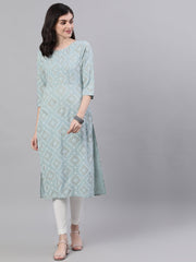 Women Grey Calf Length Three-Quarter Sleeves Straight Geometric Yoke Design Cotton Kurta