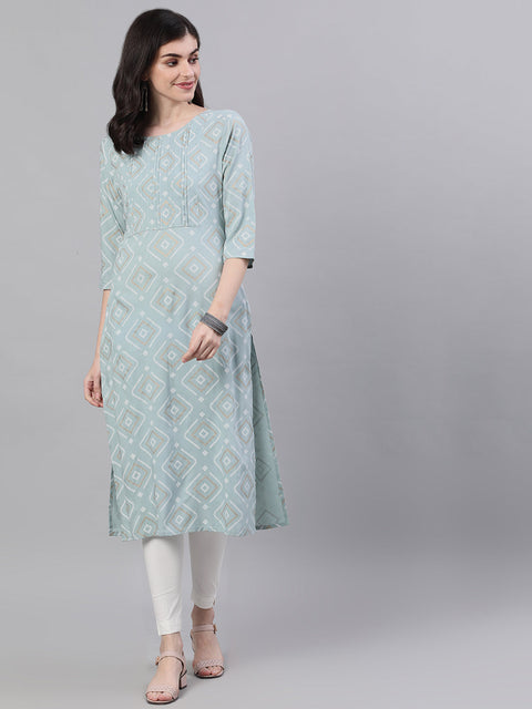 Women Grey Calf Length Three-Quarter Sleeves Straight Geometric Yoke Design Cotton Kurta
