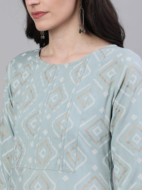 Women Grey Calf Length Three-Quarter Sleeves Straight Geometric Yoke Design Cotton Kurta