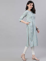 Women Grey Calf Length Three-Quarter Sleeves Straight Geometric Yoke Design Cotton Kurta