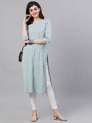Women Grey Calf Length Three-Quarter Sleeves Straight Geometric Yoke Design Cotton Kurta