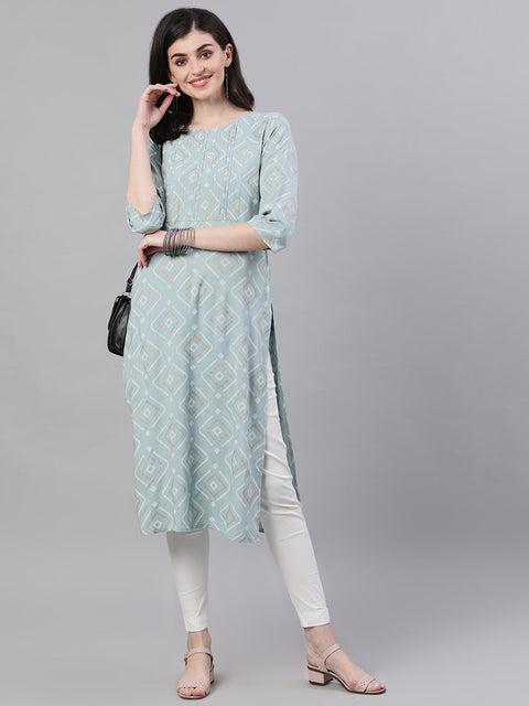Women Grey Calf Length Three-Quarter Sleeves Straight Geometric Yoke Design Cotton Kurta