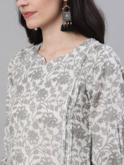 Women White Calf Length Three-Quarter Sleeves Straight Floral Printed Cotton Kurta