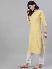 Women Lime Yellow Calf Length Three-Quarter Sleeves Straight Striped Striped Cotton Kurta