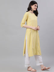 Women Lime Yellow Calf Length Three-Quarter Sleeves Straight Striped Striped Cotton Kurta