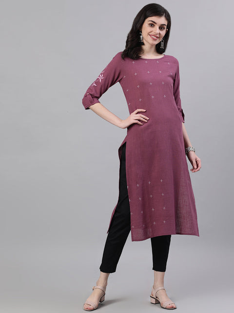 Women Purple Calf Length Three-Quarter Sleeves Straight Solid Solid Cotton Kurta
