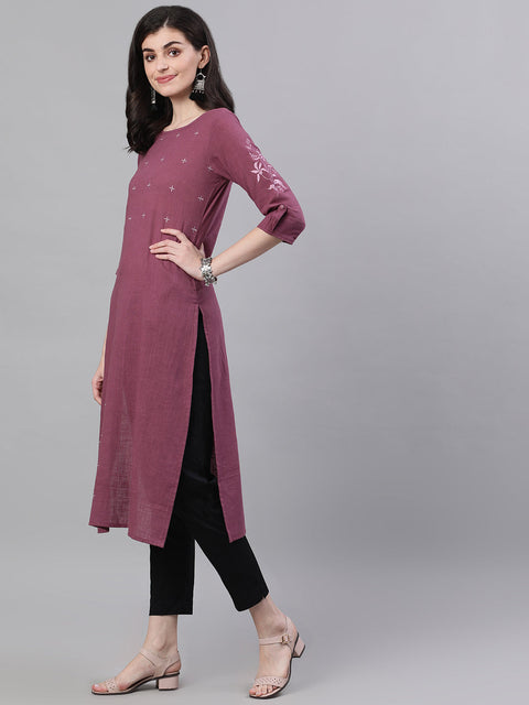 Women Purple Calf Length Three-Quarter Sleeves Straight Solid Solid Cotton Kurta
