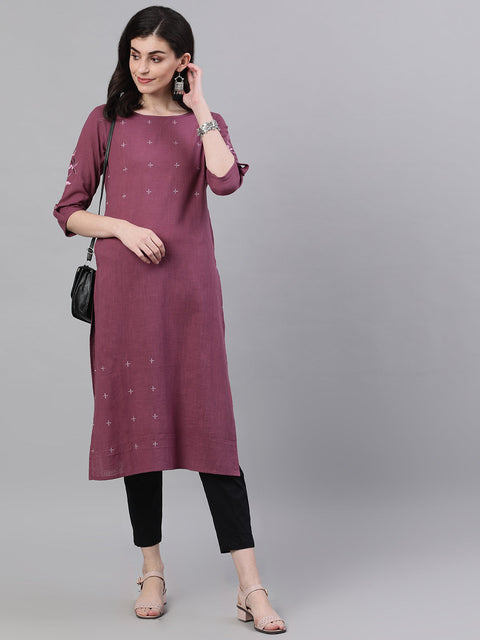 Women Purple Calf Length Three-Quarter Sleeves Straight Solid Solid Cotton Kurta
