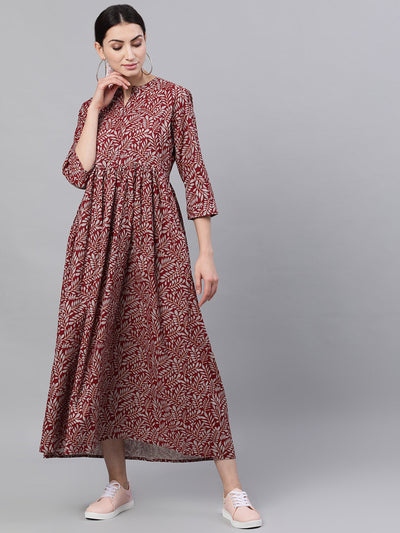 Women Maroon Floral Printed Mandarin Collar Cotton Maxi Dress