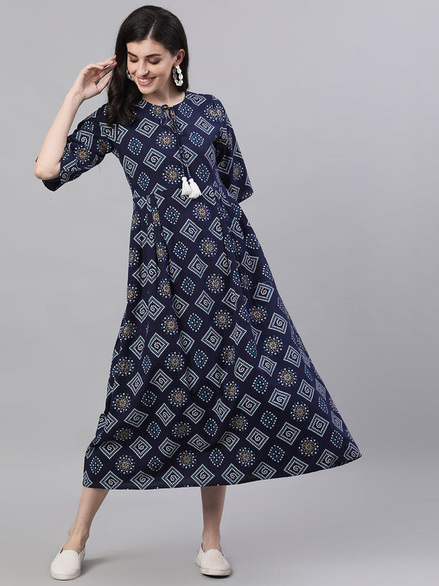 Women Navy Blue Geometric Printed Tie-Up Neck Cotton Maxi Dress