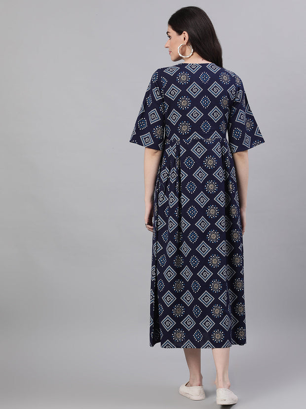 Women Navy Blue Geometric Printed Tie-Up Neck Cotton Maxi Dress