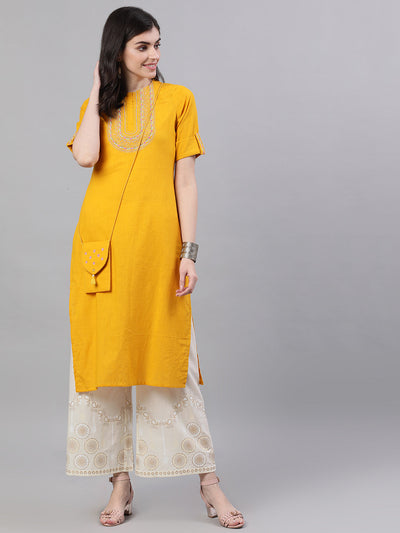 Women Mustard Calf Length Three-Quarter Sleeves Straight Woven Design Solid Cotton Kurta