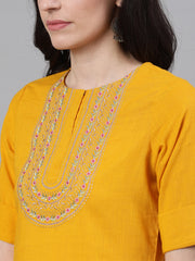 Women Mustard Calf Length Three-Quarter Sleeves Straight Woven Design Solid Cotton Kurta