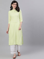 Women Lime Green Calf Length Three-Quarter Sleeves Straight Solid Solid Viscose Rayon Kurta