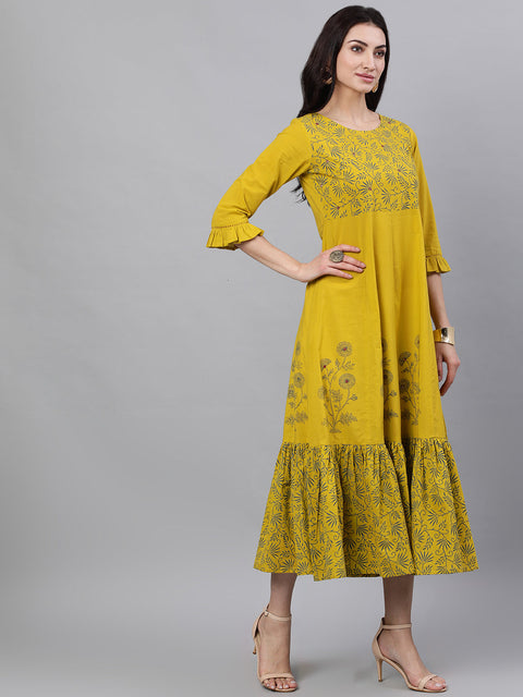 Women Yellow Floral Printed Round Neck Cotton Maxi Dress With Dupatta