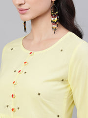 Women Yellow Solid Solid Round Neck Cotton Maxi Dress With Dupatta