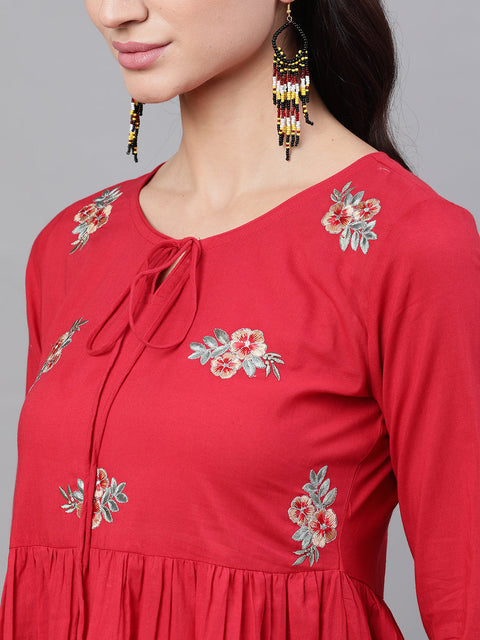 Women Red Floral Embroidered V-Neck Cotton Maxi Dress With Dupatta