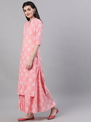 Women Pink Three-Quarter Sleeves Straight Kurta Skirt Set With Dupatta
