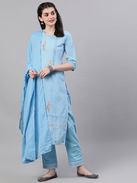 Women Light blue Three-Quarter Sleeves Flared Kurta Palazzo With Dupatta