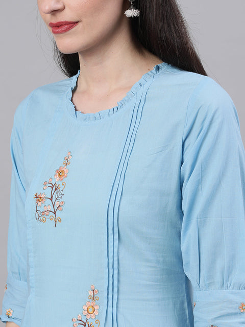 Women Light blue Three-Quarter Sleeves Flared Kurta Palazzo With Dupatta