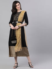Women Black Floral Solid Round Neck Viscose Rayon Maxi Dress With Dupatta