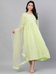Women Light neon green Solid Embroidered Round Neck Viscose Rayon Maxi Dress With Dupatta