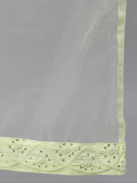 Women Light neon green Solid Embroidered Round Neck Viscose Rayon Maxi Dress With Dupatta