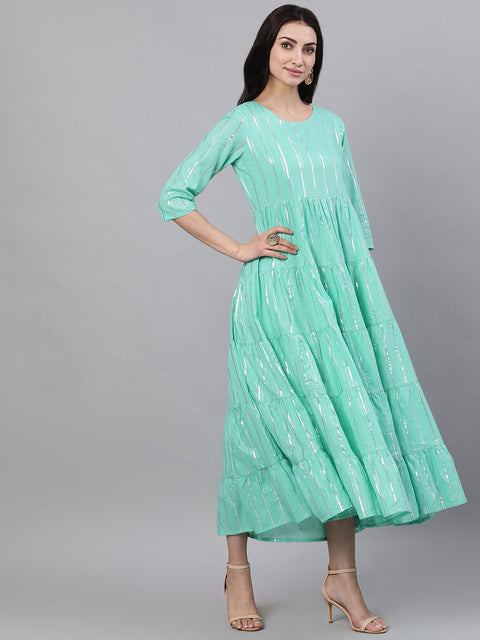 Women Green Solid Solid Round Neck Cotton Maxi Dress