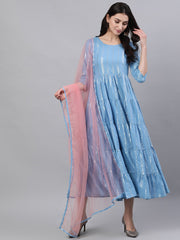 Women Blue Solid Solid Round Neck Cotton Maxi Dress