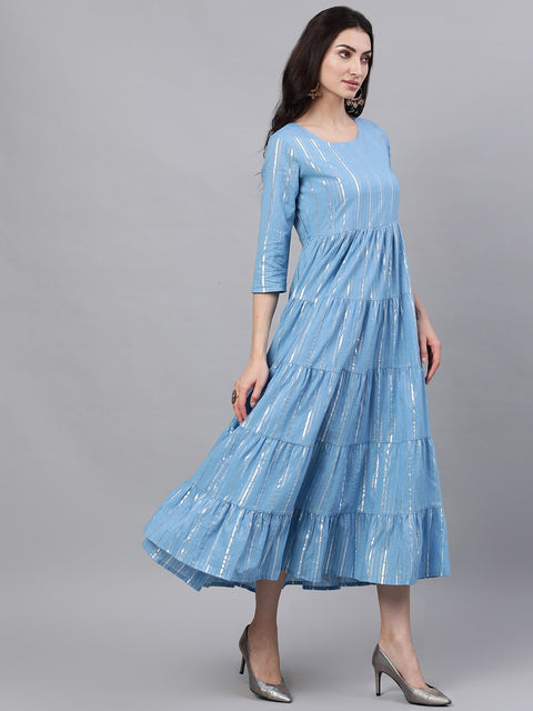 Women Blue Solid Solid Round Neck Cotton Maxi Dress