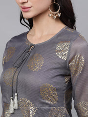 Women Grey Ethnic Motifs Printed Tie-Up Neck Cotton Maxi Dress With Dupatta