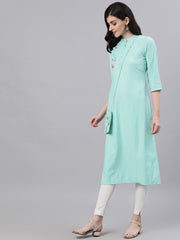 Women Light Blue Calf Length Three-Quarter Sleeves Straight Abstract Embroidered Viscose Rayon Kurta
