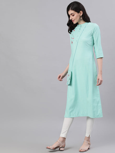 Women Light Blue Calf Length Three-Quarter Sleeves Straight Abstract Embroidered Viscose Rayon Kurta