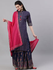 Women Navy Blue Three-Quarter Sleeves Straight Kurta Skirt With Dupatta