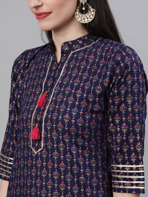 Women Navy Blue Three-Quarter Sleeves Straight Kurta Skirt With Dupatta