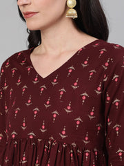 Women Wine Elbow Sleeves Printed A line Top with Face Mask