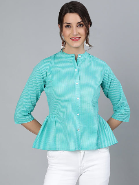 Women Blue Stripped Top with Round Neck & Three Quarter Sleeves