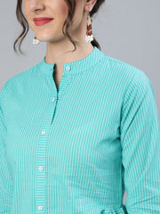Women Blue Stripped Top with Round Neck & Three Quarter Sleeves
