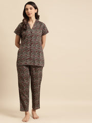 Womens Taupe & Maroon Printed Night Suit