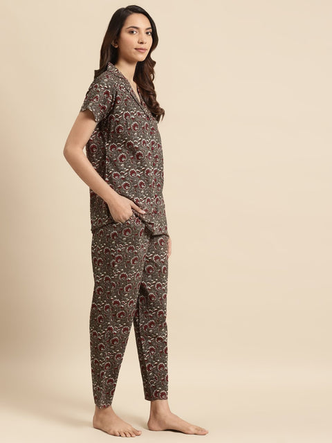 Womens Taupe & Maroon Printed Night Suit